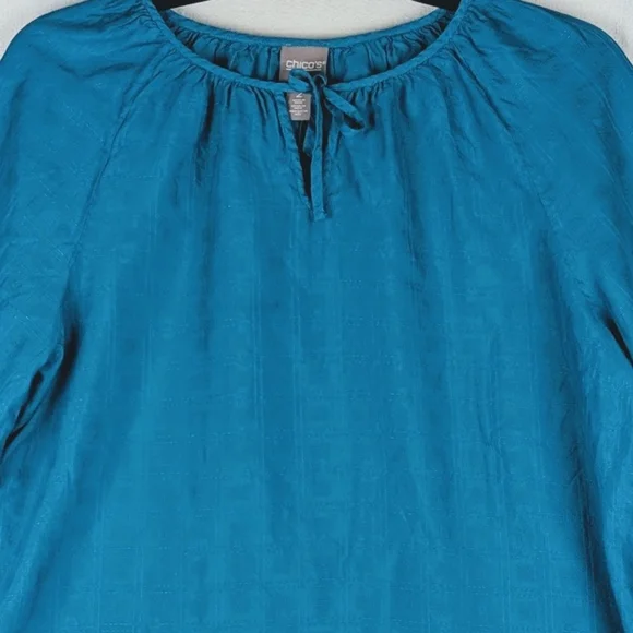 Chicos Top Womens Size (2) US L / 12 Teal Ballon Sleeve Rayon/Cotton - Picture 2 of 13